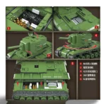 Green toy tank with multiple views showing interior and rotating turret.
