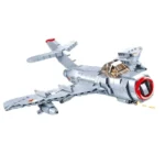A gray toy airplane with red accents and a transparent cockpit is depicted.