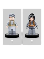 Two toy figures wearing military-style clothing stand on black bases.