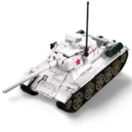 A white toy tank with a red star and a long gun barrel is displayed.