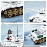 A white toy tank with brown wheels and a figure on top is shown in four different views.