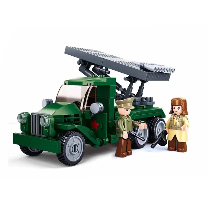 A green truck with a rocket launcher and two figures holding guns.