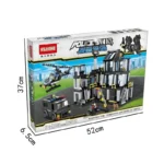 A toy set box with a police station, helicopter, van, motorcycle, and several figures.