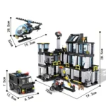 A toy police station set includes a helicopter, a van, a motorcycle, and several figures.