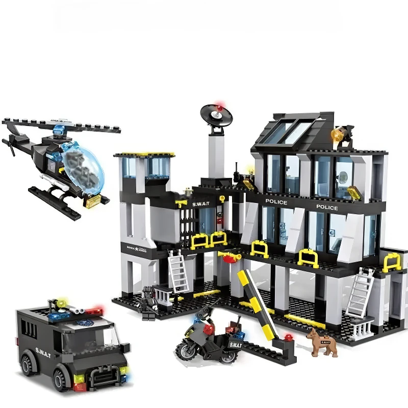 A toy police station with a helicopter, van, motorcycle, and a small dog figure.
