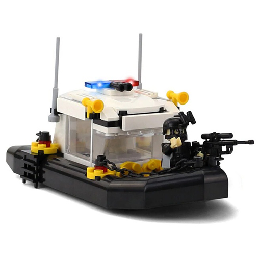 A toy boat with a figure holding a rifle is visible.