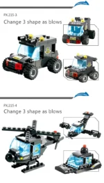 A set of black toy vehicles, including a car and helicopter, each with multiple configurations.