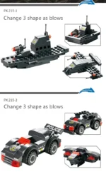 A black brick toy set with three transformable shapes: a boat, a jet, and a car.