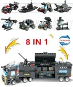 Eight toy vehicles and a building, plus a large truck, all constructed from interlocking bricks.
