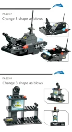 Here are a few options for alt text, based on the provided image and your requirements:

Option 1: A set of black brick toys can be transformed into three different shapes.

Option 2: Black brick toy set includes a vehicle and a building with police markings.

Option 3:  Two different brick toy sets, each capable of transforming into three shapes.

Option 4:  Brick toy set with a vehicle and a building, both with police decals.