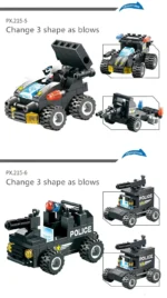 A black toy vehicle with three different configurations is shown.
A black toy vehicle with the word "POLICE" and three configurations is shown.