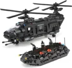 A black toy helicopter and a boat made of building blocks are displayed.