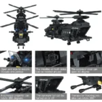 A black toy helicopter with rotating propellers and missiles is shown from multiple angles.