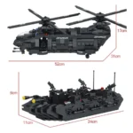 A black brick helicopter and a black brick boat are shown with size dimensions.