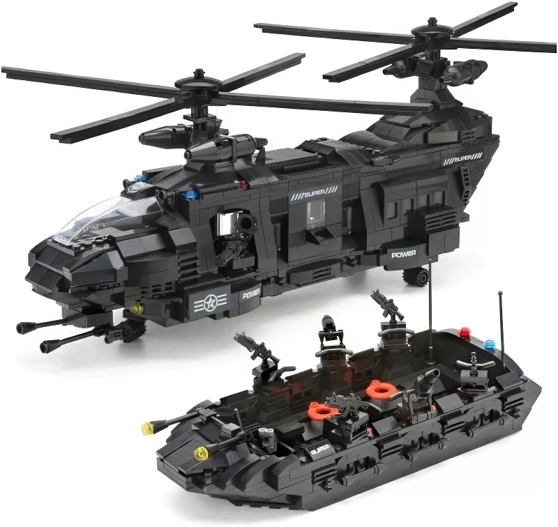 A black toy helicopter and a boat made of building blocks are displayed.