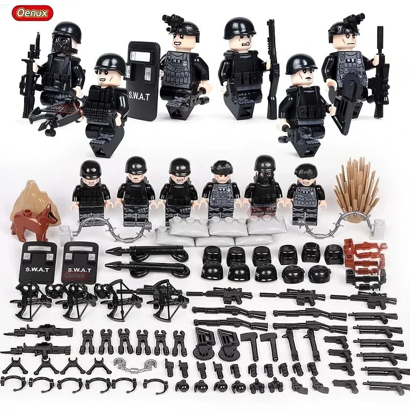 A set of toy figures in black uniforms, along with weapons, shields, and other accessories.
