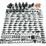A collection of toy figures, motorcycles, shields, and many weapons are displayed.
