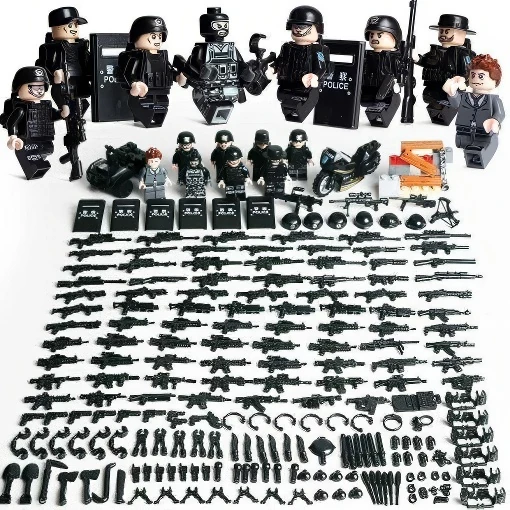 A collection of toy figures, weapons, and accessories are displayed.