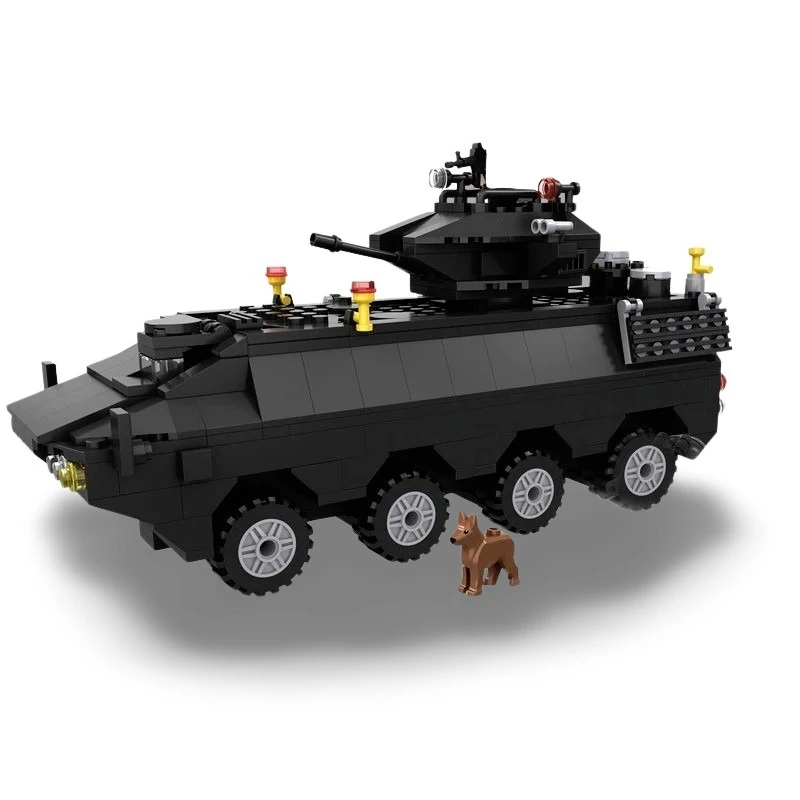 A black toy armored vehicle with six wheels and a small brown toy dog.