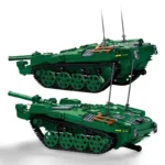 Two green toy tanks with tracks and antennas are displayed.