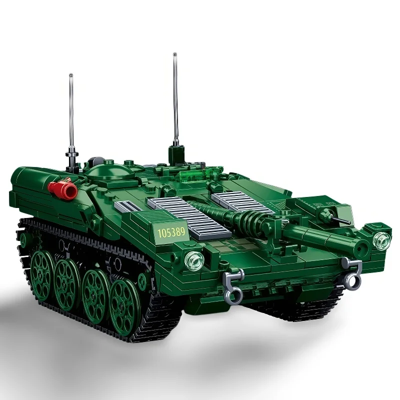Green toy tank with two antennas and a number on the side.