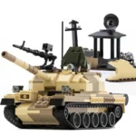 A tan and brown toy tank with a black gun and other accessories is visible.