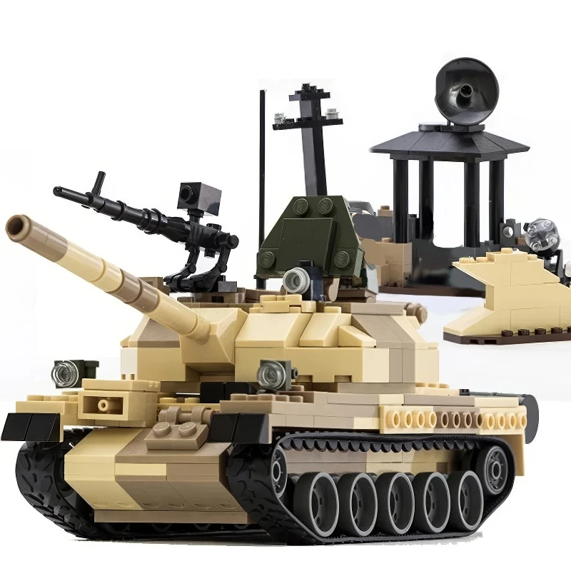 A tan and brown toy tank with a black gun and other accessories is visible.