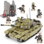 A toy tank and five toy soldiers with guns are displayed near a brick structure with a ladder.