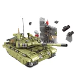 A green toy tank is positioned in front of a gray brick wall with a ladder, and some black accessories are floating nearby.