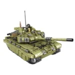 A green toy tank with a figure inside the hatch and a long cannon.