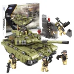 A green toy tank with four toy soldiers and a brick wall are displayed.