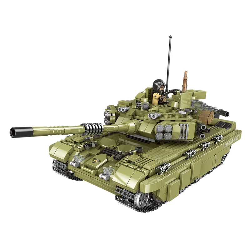 A green toy tank with a long cannon and a small figure in the turret.