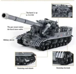 A gray toy tank with a long barrel, a military shovel, and tracks is displayed with additional views of the wheels and tracks.