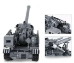 A gray toy tank with a long cannon and black treads is displayed, with two inset images showing close-up views.