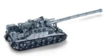 A gray toy tank with a long cannon and red star is on a white surface.