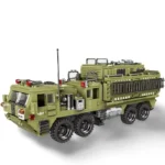 A green toy military truck with multiple wheels and a ladder on the side.