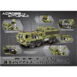 A toy military truck with removable parts and weapons is displayed.