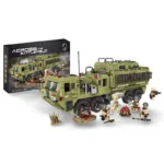 A green military truck toy with several small toy soldier figures and weapons is displayed next to its packaging.