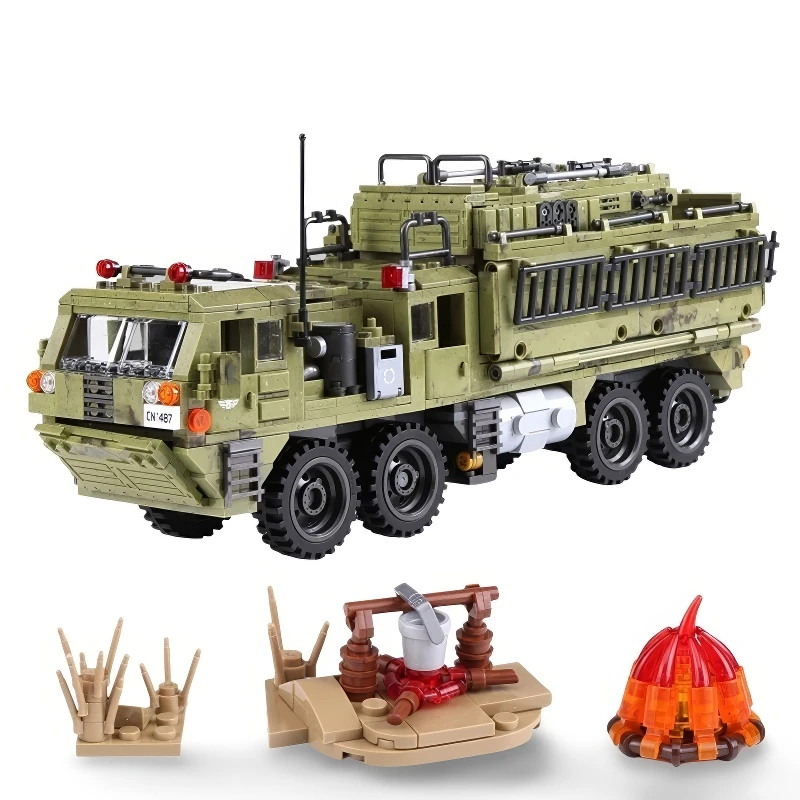 A military truck toy with six wheels, a well with a bucket, a campfire, and some spikes are included.