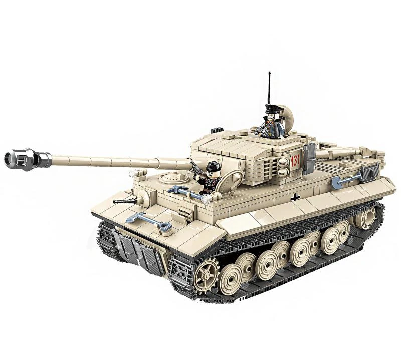 A tan toy tank with two figures on top.