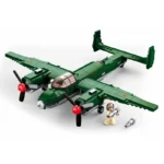 A green toy airplane with red propellers and a pilot figure holding a bomb.