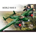A green toy airplane with two propellers and a red star is shown with three toy soldiers.