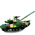 A toy tank with a long barrel and a blue and yellow flag is displayed.