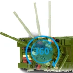 A green toy tank with a rotating turret and a cannon is displayed.