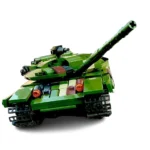 A green toy tank with a long barrel and camouflage pattern.