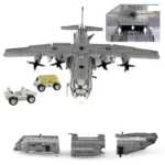 A gray toy airplane with four propellers, a small truck, and other vehicle parts are displayed.
