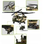A toy helicopter with a camouflage pattern is shown carrying two toy jeeps, with additional toy vehicles in boxes.