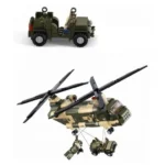 A toy military jeep and a helicopter with a figure and jeep suspended from it.