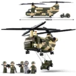 A toy helicopter and jeep are suspended by strings, with five toy soldiers standing below.