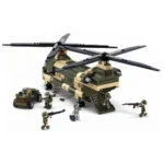 A toy helicopter and a small vehicle are shown with several toy soldiers.